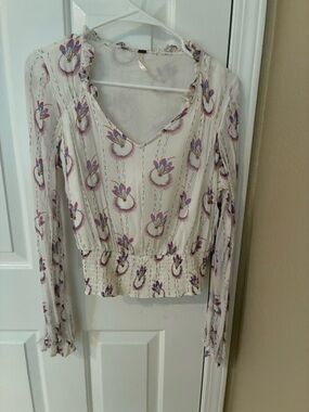 Free People Cream V-Neck Smocked Waist Blouse with Pink & Blue Floral Motif
